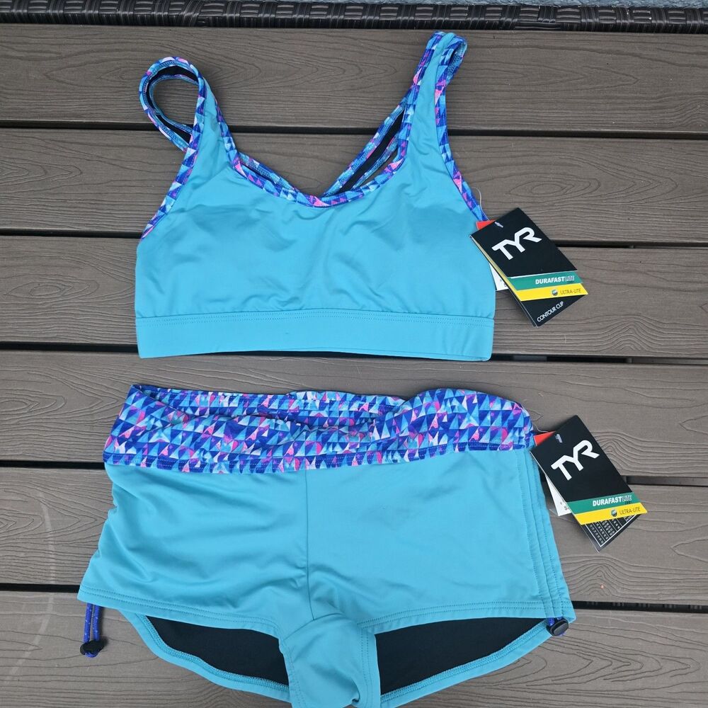 TYR Womens Durafast Lunetta Racerback Active Set Boyshort Bikini Set Sz L NEW